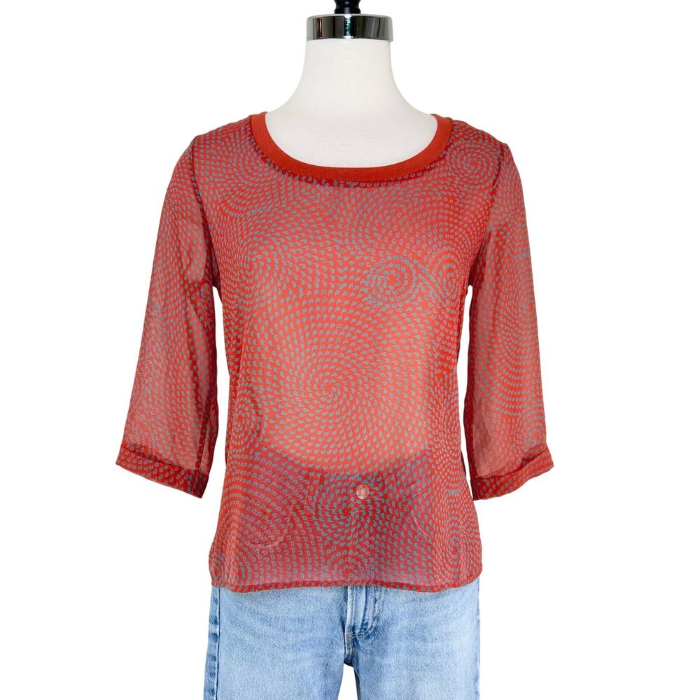 Robin K Anthropologie Sheer Top‎ Women's Small Red Teal Print Top 3/4 Sleeve